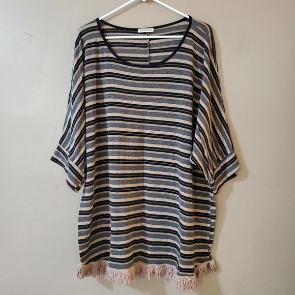 Black N Blue Womens Pullover Dolman Sweater Size 2XL Black Gold Striped Fringe - Picture 1 of 10